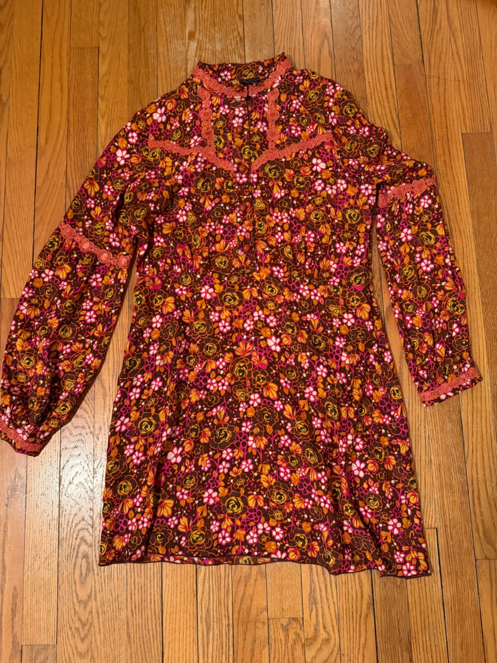 Anna Sui Floral Midi Dress in Brown, Orange, Pink, Yellow